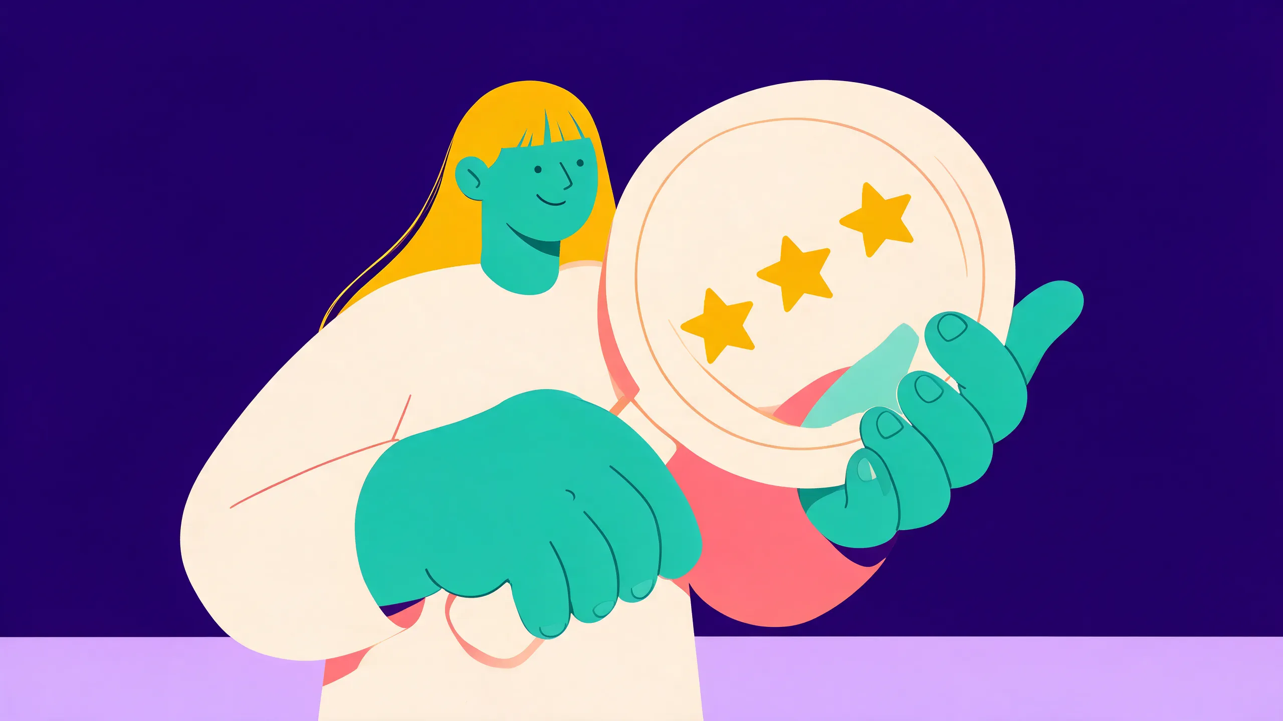 Una mujer sonriente sostiene un gran círculo con tres estrellas doradas de valoración