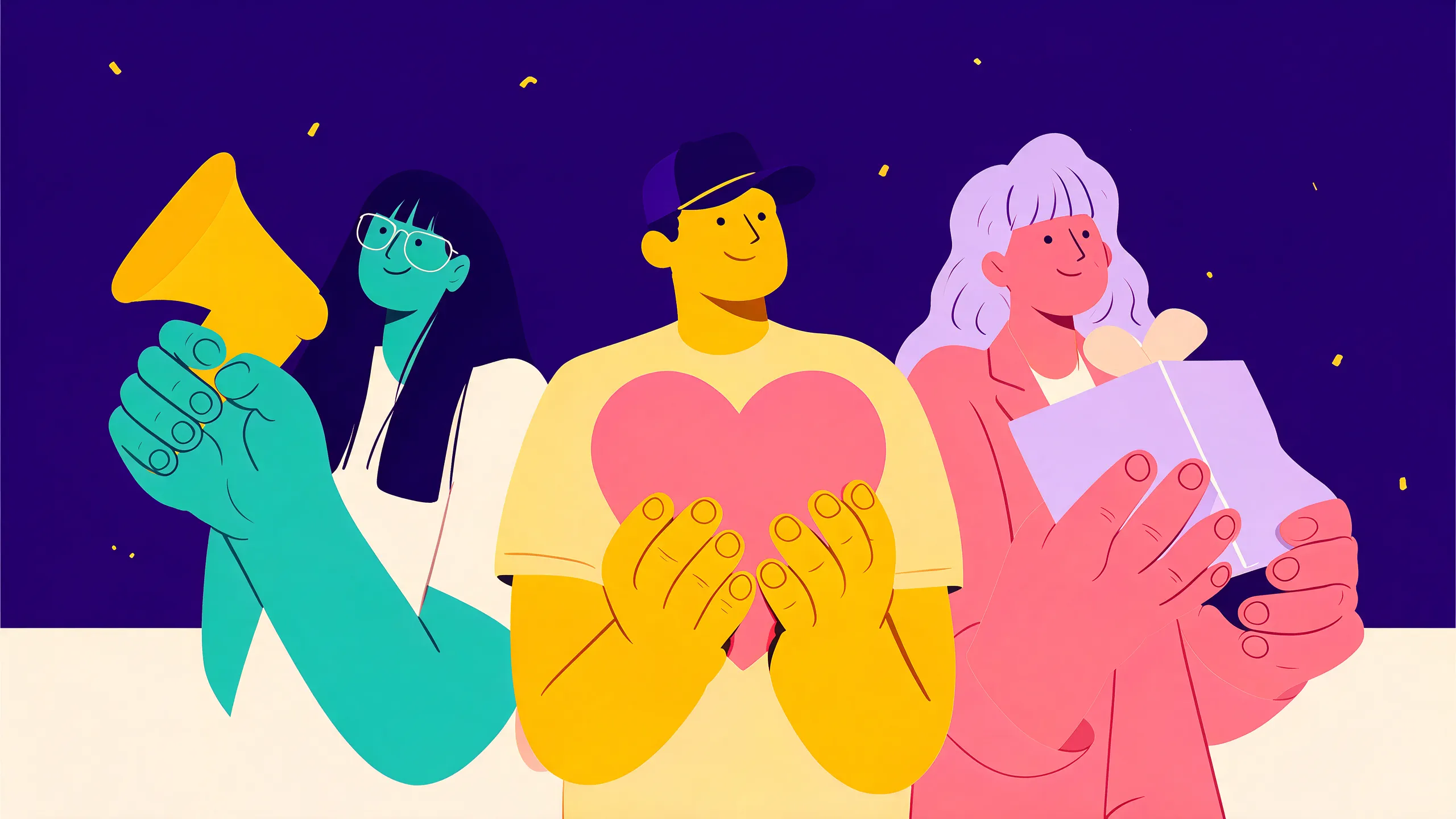 Tres personas sostienen un megáfono, un corazón y un paquete sobre fondo violeta