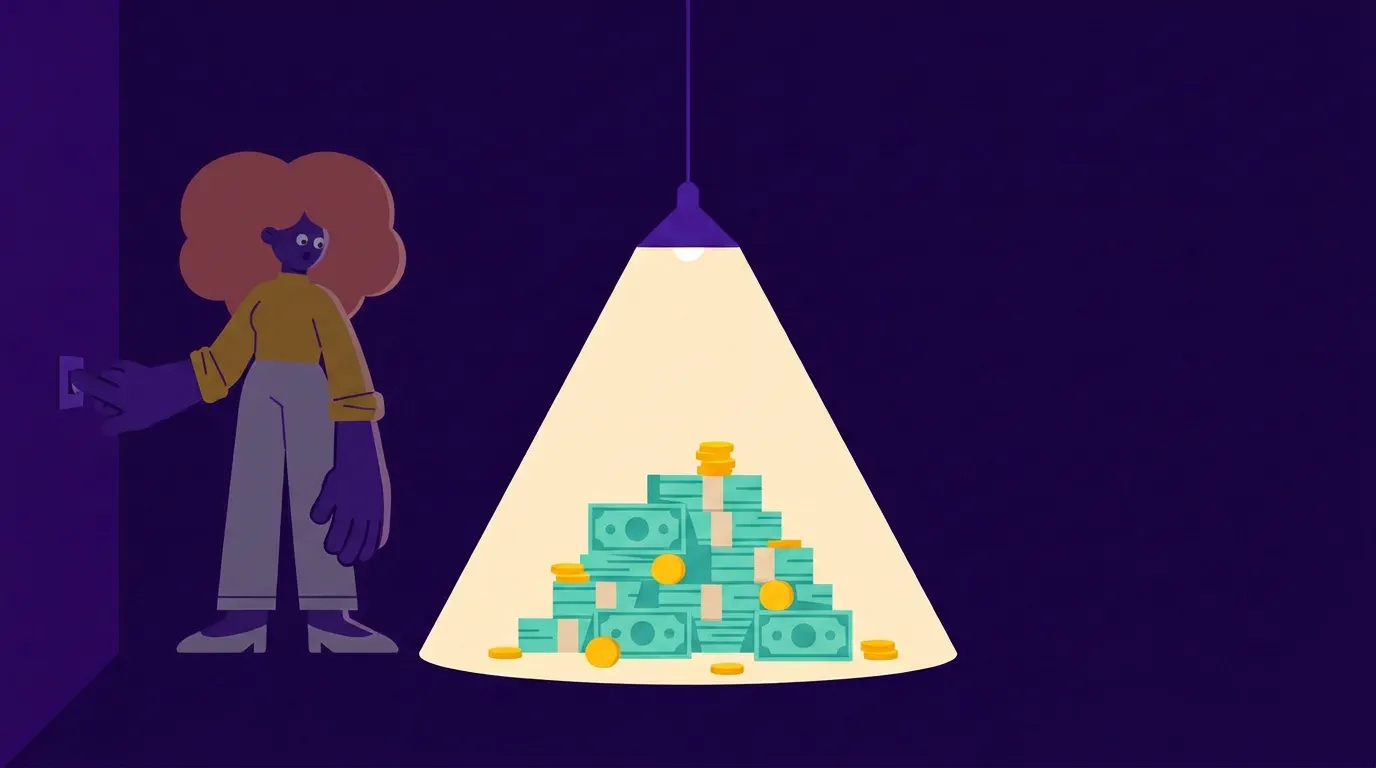 Una mujer enciende la luz y descubre un montón de billetes en una habitación oscura