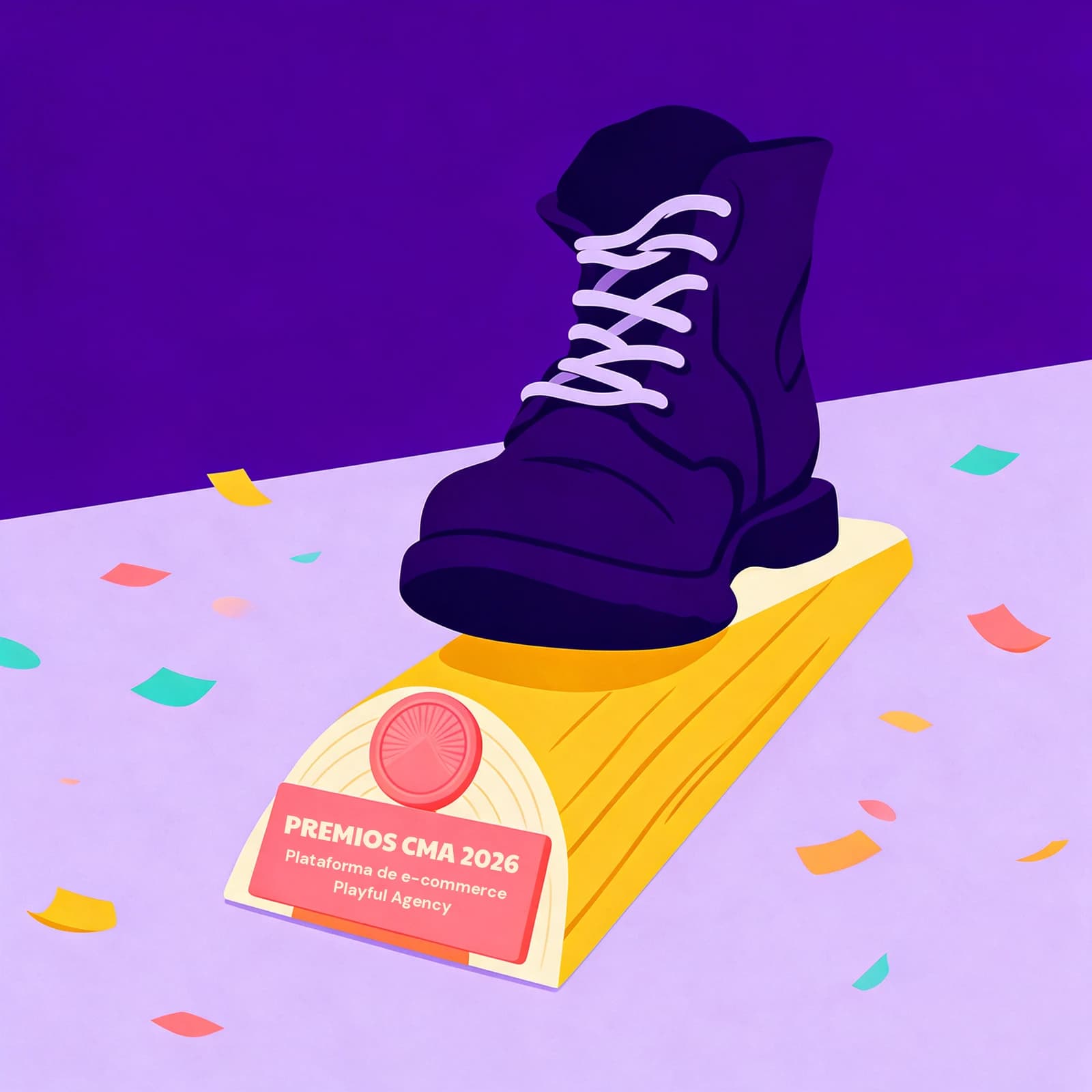 Ilustración de un trofeo: una bota negra sobre un podio amarillo, con una placa rosa de los Premios CIMA 2026 en la categoría Plataforma de E-commerce para Playful Agency.