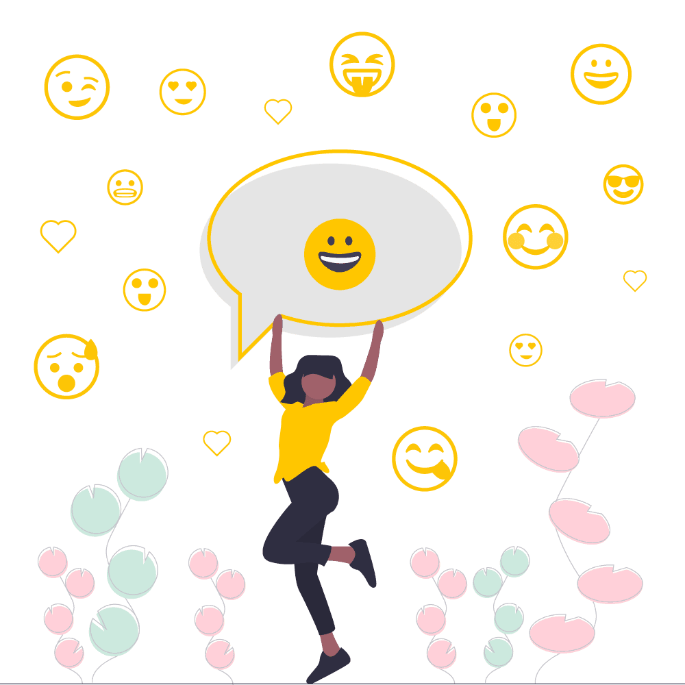 Chica sosteniendo burbuja de pensamiento con emoji