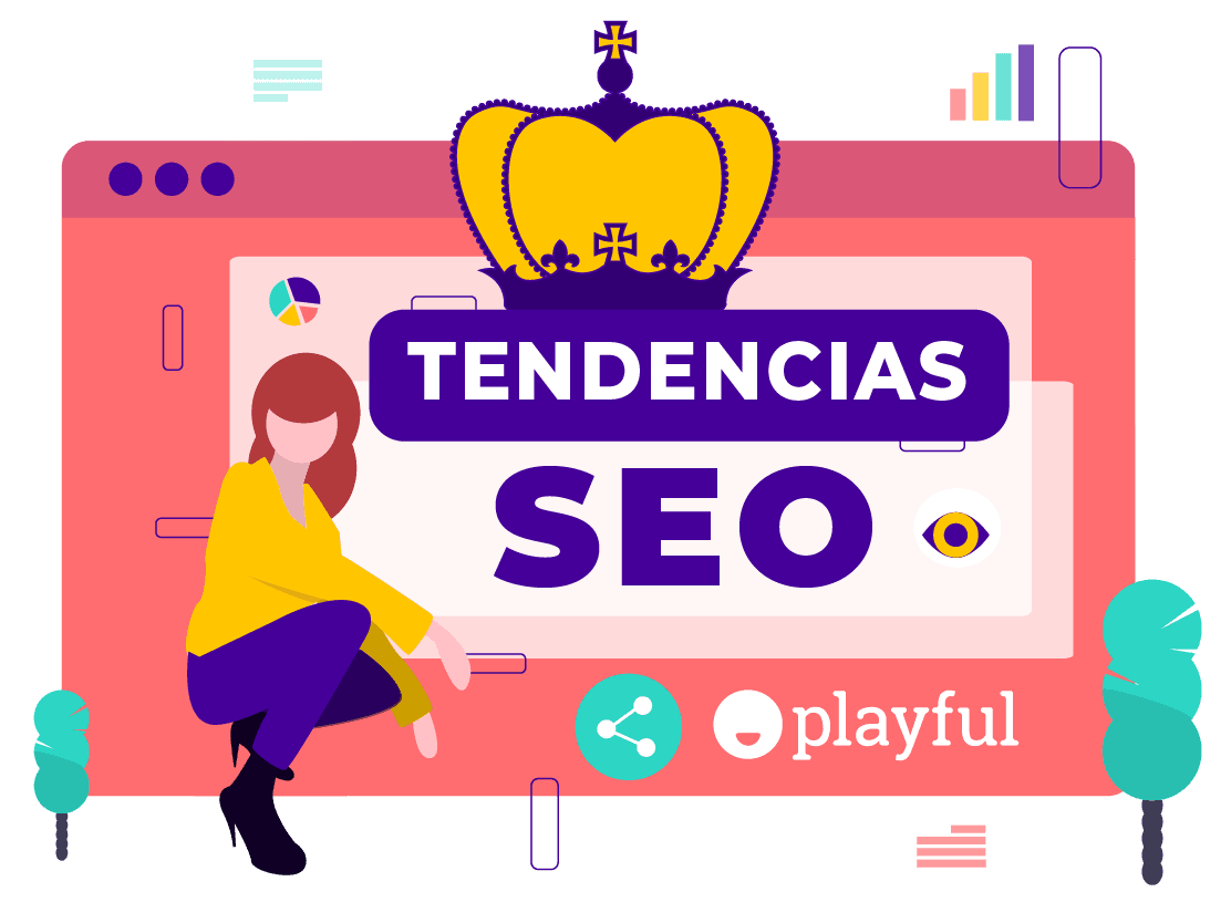 Chica sentada con pantalla de PC y corona sobre tendencias seo