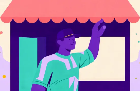Ilustración de un dependiente violeta saludando con la mano bajo el toldo coral de una tienda