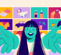 Ilustración de una mujer sonriente delante de una cuadrícula de productos