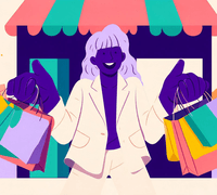 Ilustración de una clienta saliendo de una tienda con bolsas de la compra