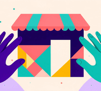 Ilustración de manos violetas montando por piezas una tienda con toldo coral