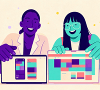 Ilustración de dos personas mostrando una tienda online en un móvil y en una pantalla