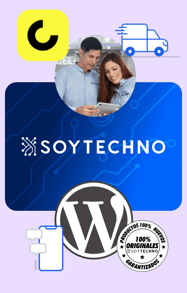 Composición visual de SoyTechno, Cashea, WordPress y comercio electrónico