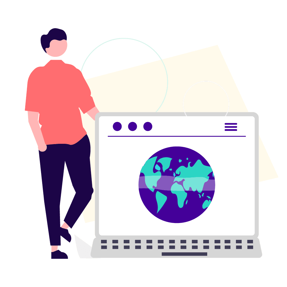 Chico con sueter naranja con la computadora