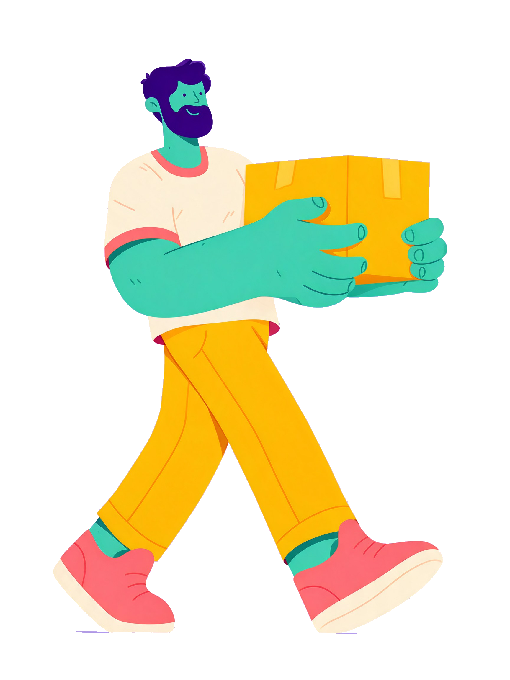 Ilustración de un asistente del eShow con barba cargando un paquete, sobre fondo lavanda