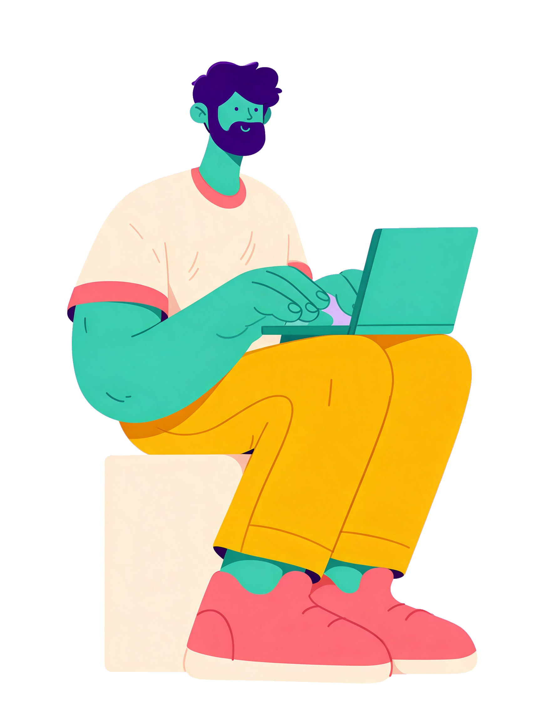 Ilustración de un asistente del eShow con un ventilador portátil y un portátil, sobre fondo lavanda