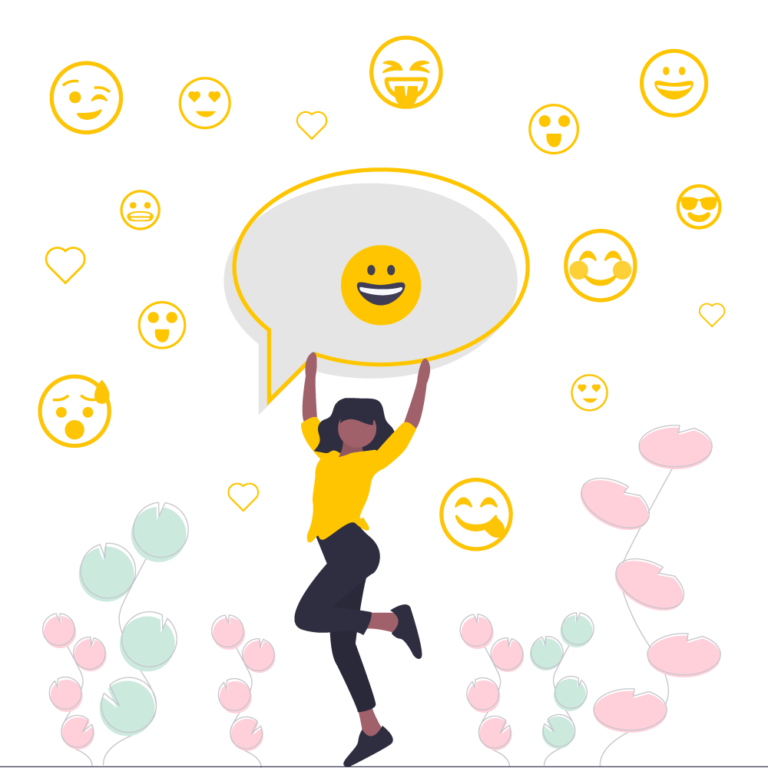 Chica sosteniendo burbuja de pensamiento con emoji