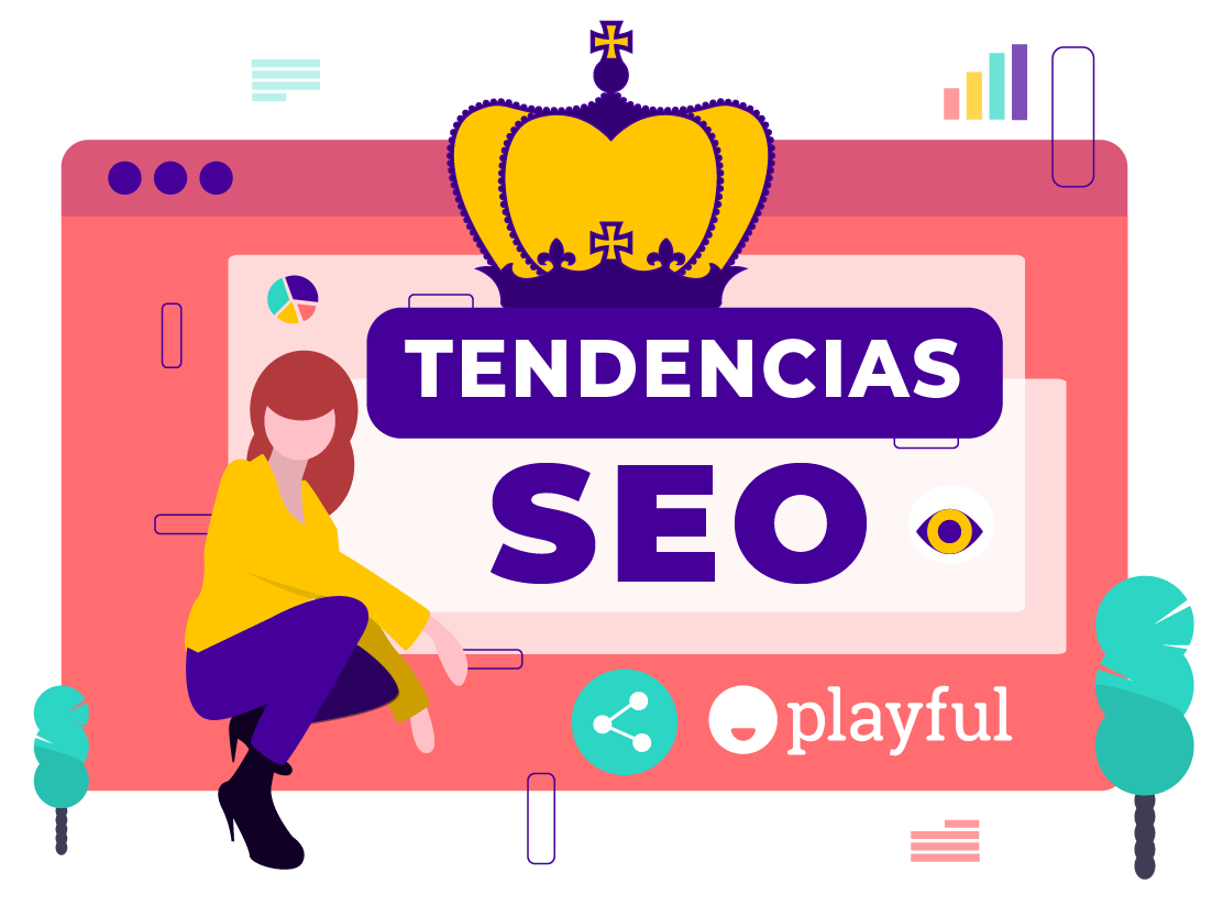 Chica sentada con pantalla de PC y corona sobre tendencias seo